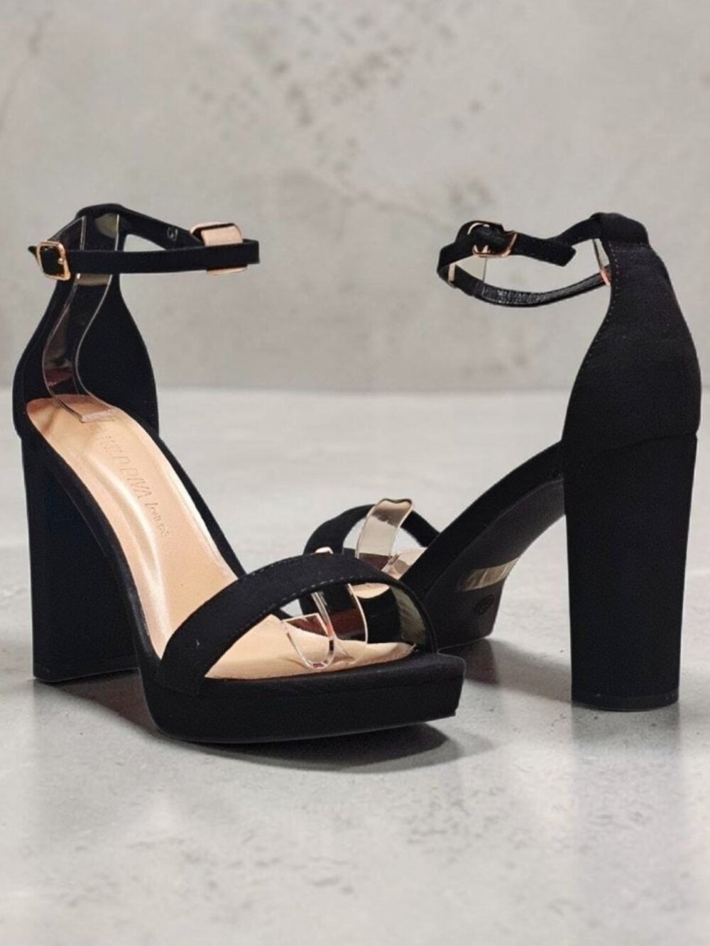 Black Block Heel Ankle Strap Sandals With Faux Suede Finish Open Toe Design And